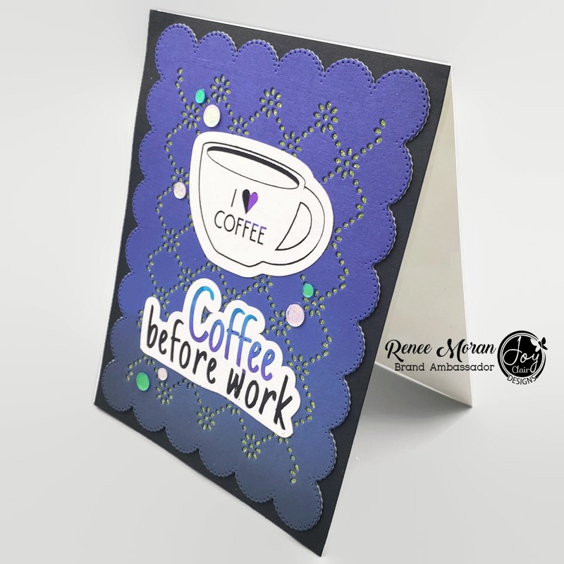 image shows a card featuring foiled I heart coffee cup and sentiment which reads Coffee before work