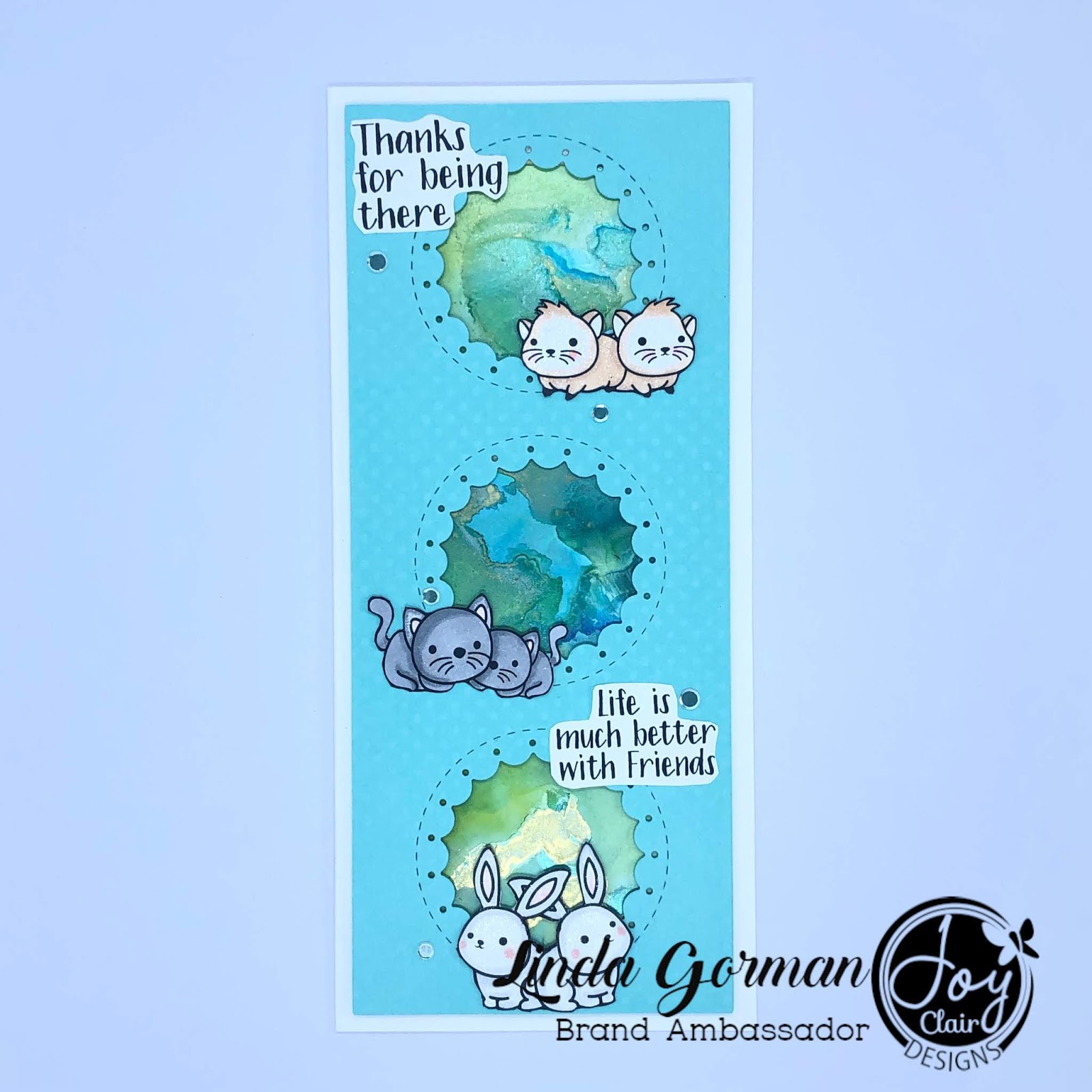 slimline stamped card with cute critters and friendship sentiments.