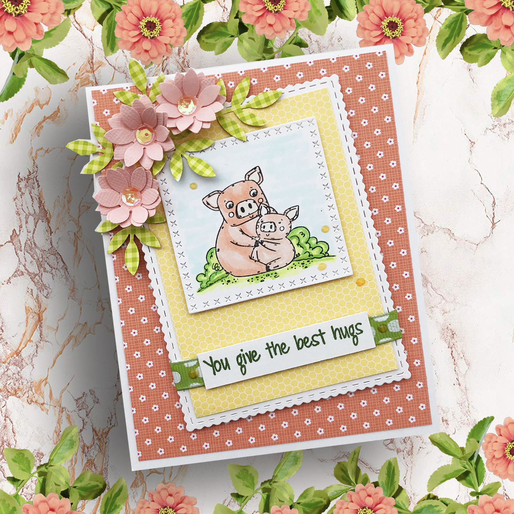 Easy DIY Mother's Day Card created with animal images and sweet sentiment from the Mother's Day Love stamp set from Joy Clair Designs. This card has flowers die cuts that complete the design.