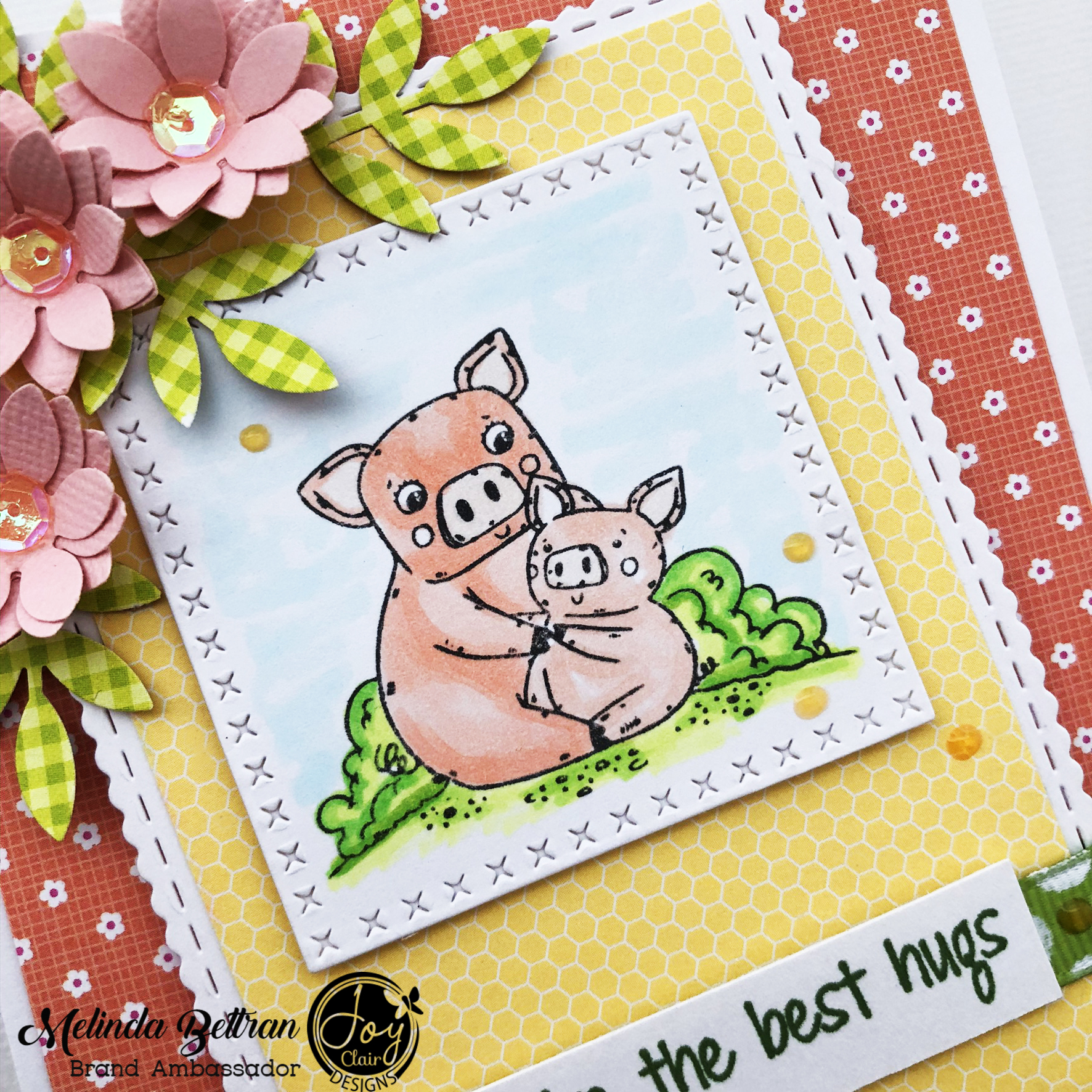 This DIY mother's day card is easily colored with markers and pencils. It has a Piggy mom image with son that is die cut with a square die.