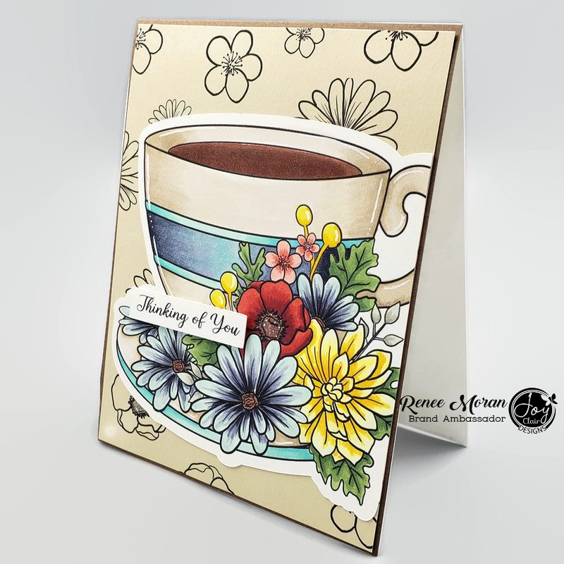 Image features Large  mug of coffee with floral and sentiment which reads Thinking of you