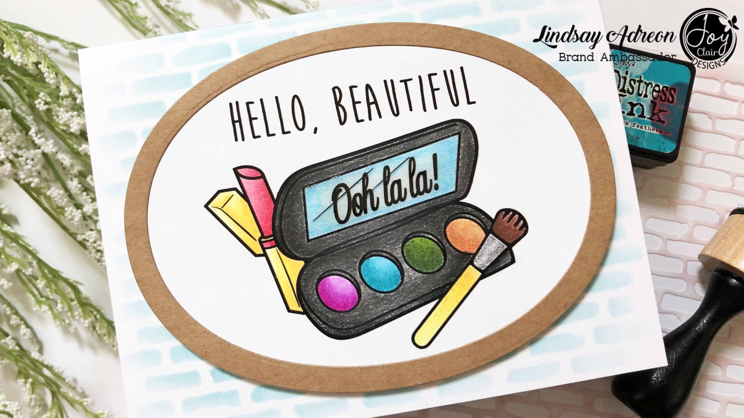 I finished this digital stamped hello card by adding the image to a stenciled card base. I also added a frame to help highlight the images from the Oh La La digital stamp set.