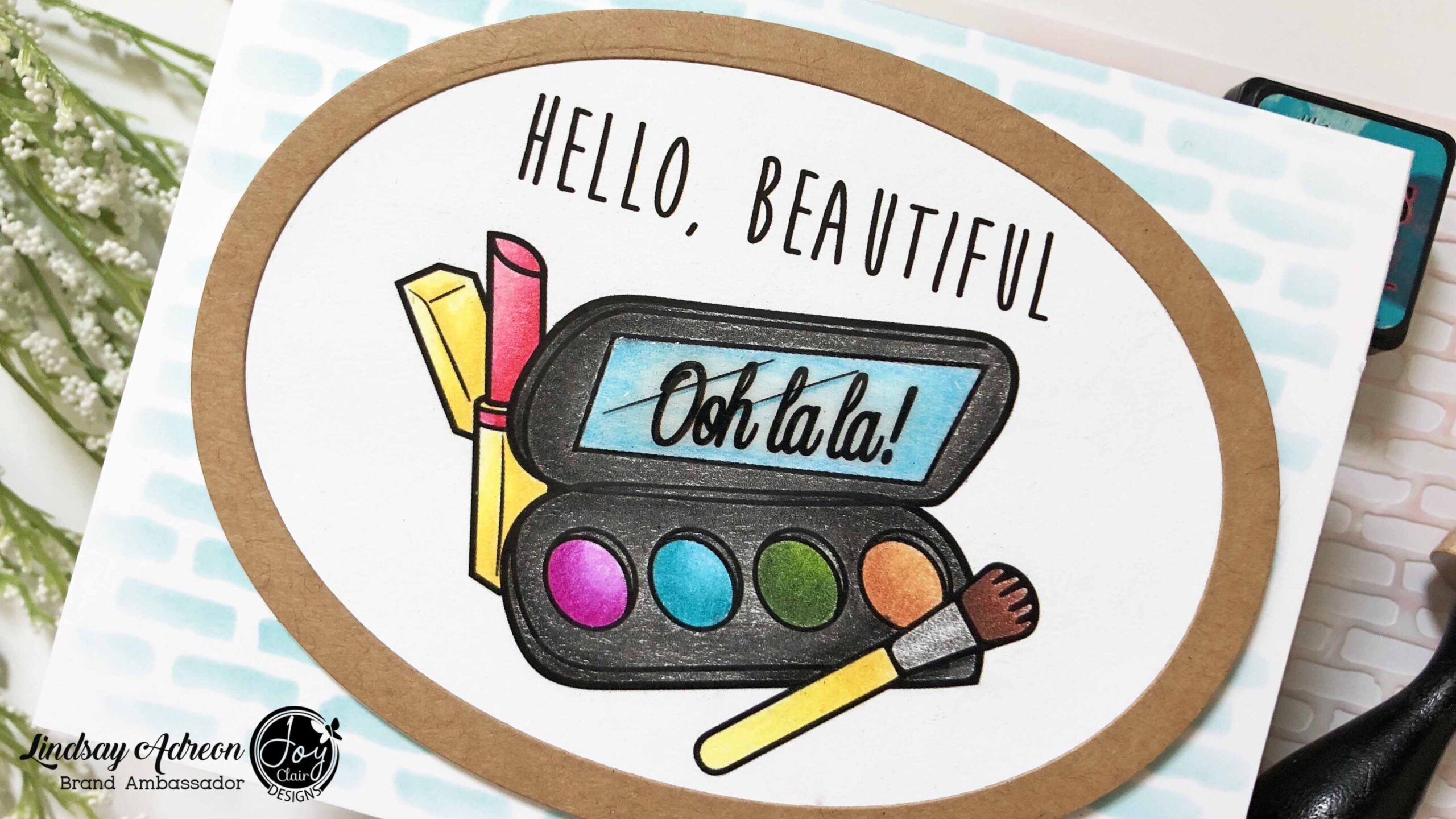 A handmade hello card. Made with the Oh La La digital stamp set from Joy Clair Stamps.