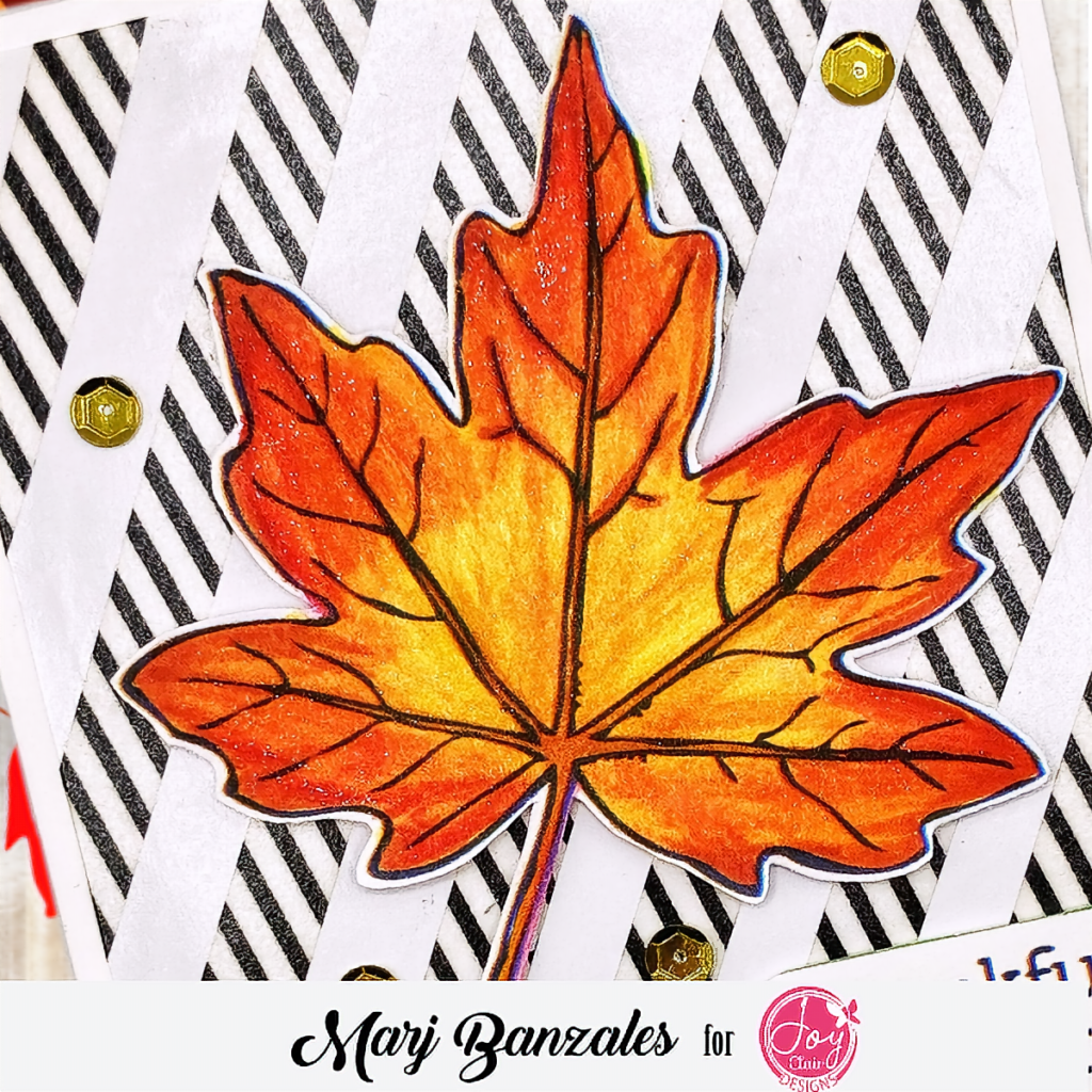 Colored leaf with black and white background with 2 Gold Sequins