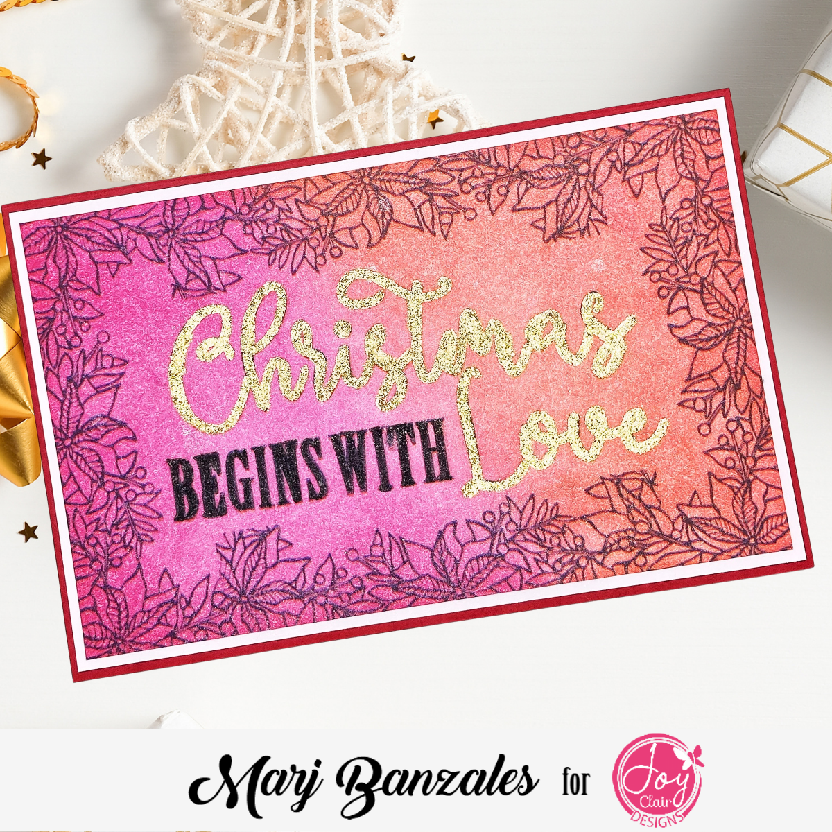 Ink Blended with gold embossed Christmas Begins with Love