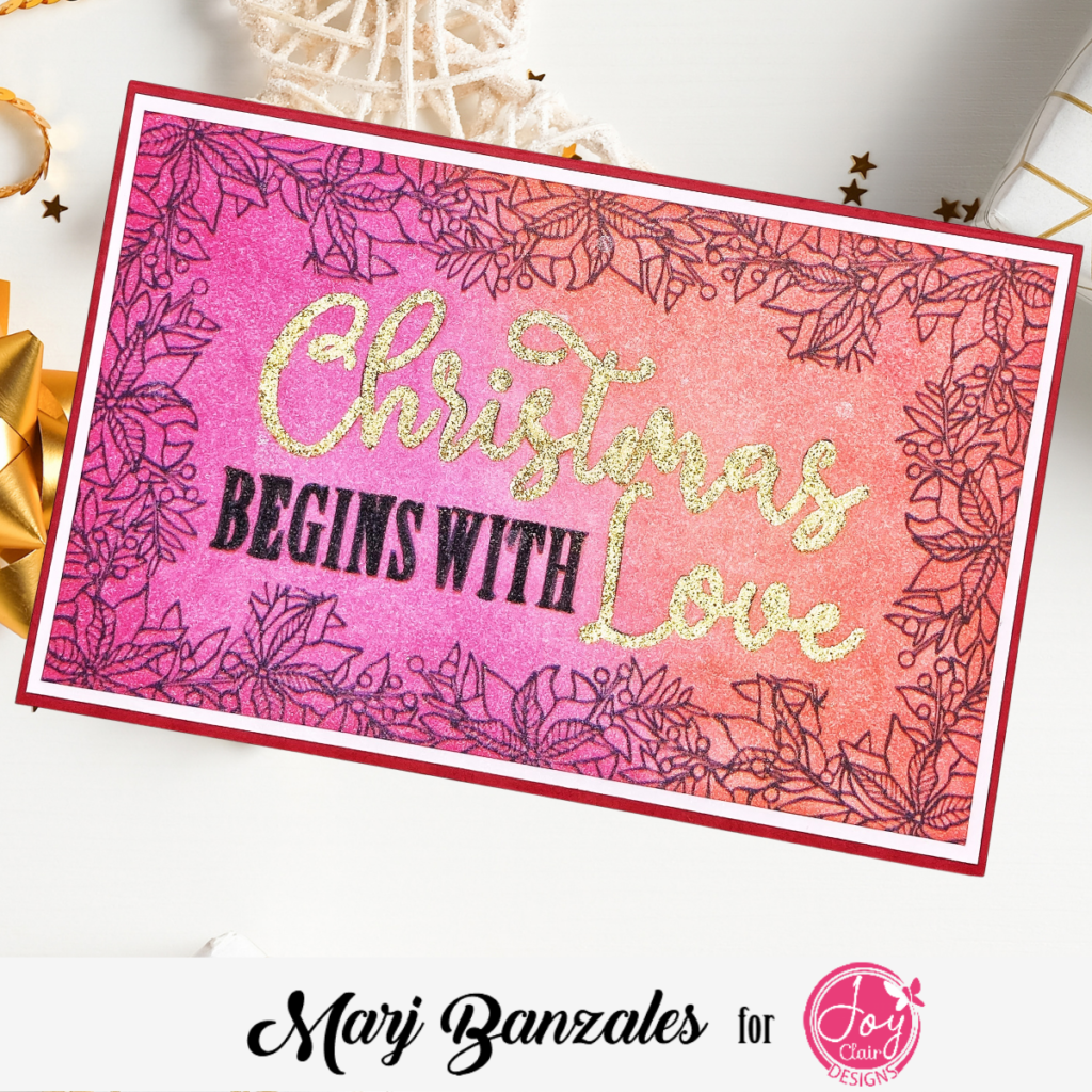Two tone Ink blended background with gold embossed Christmas Begins with Love letters